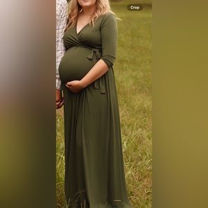 Olive Green Draped 3/4 Sleeve Maternity Maxi Dress